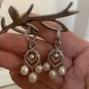 Ross Simons Pearl and Diamond Chandelier Earrings in Sterling Silver